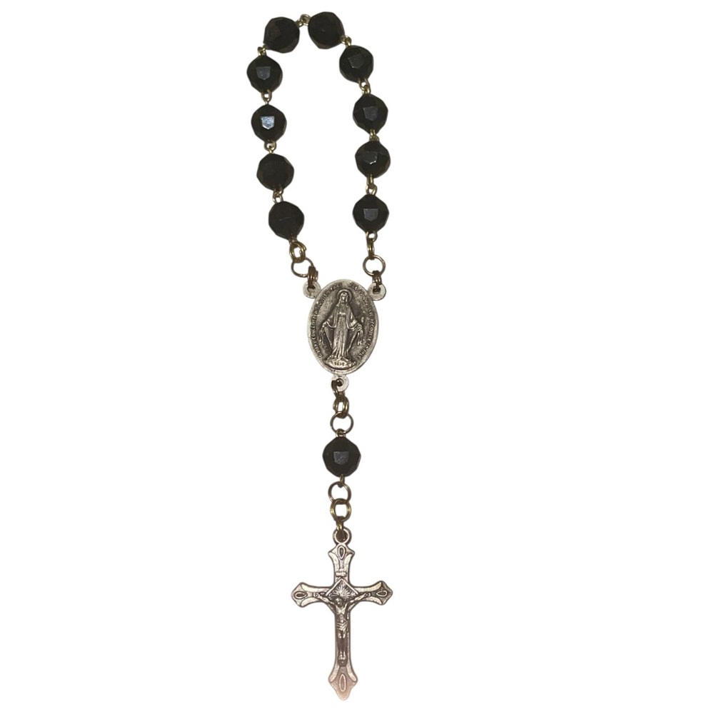 Vintage Handheld Pocket Rosary  Black Beads INRI Crucifix & Medal Italy